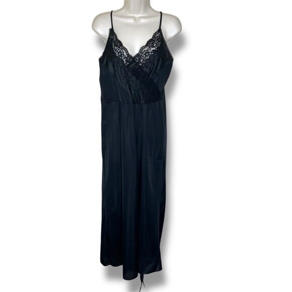 Vintage Black Lace Long Nightgown Surplice Neck Peignoir Women Size Small Nylon - Picture 3 of 12